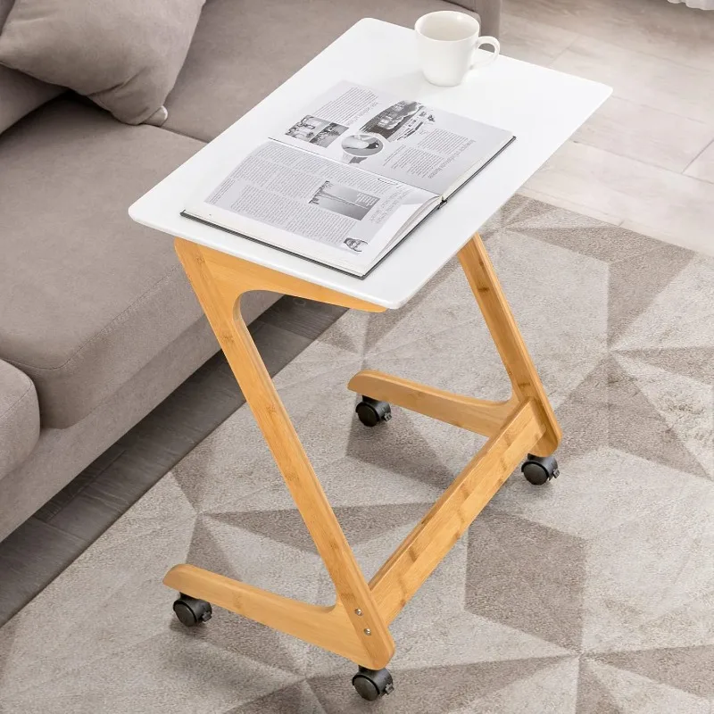 Sofa Side End Table with Wheels/Casters Couch TV Laptop Desk Snack Tray for Living Room Bedroom Small Spaces White