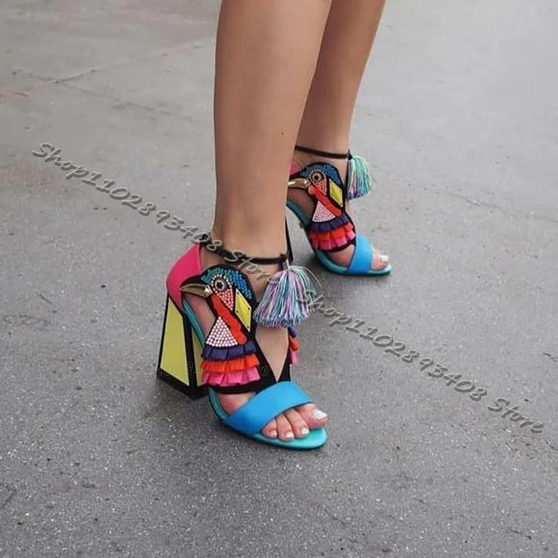 Mixed Color Tassel Style Sandals Strange Style Open Toe Chunky Heels Women Shoes New Fashion Dress Sandals Zapatos Para Mujere