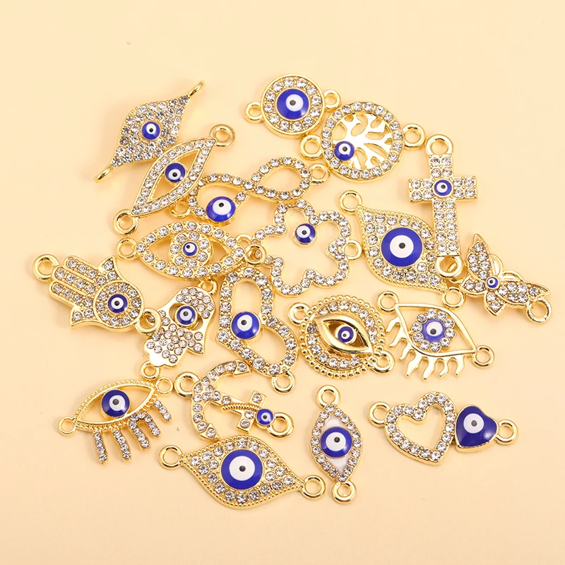 10Pcs Mix Crystal Turkish Blue Evil Eye Charms Gold Plated Zircon Pendants Connector For Necklace Bracelet DIY Jewelry Accessori