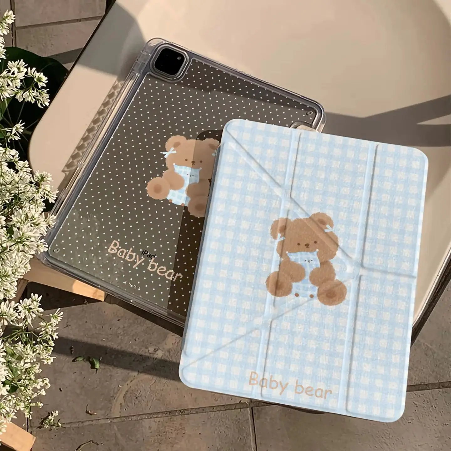 Cute Bear Blue Grid Polka Dot Tablet Case For iPad Pro 11 12.9 13 A16 M2 M4 M3 M5 Shell 5/6/7/8/9/10/11th Mini Air 3 4 5 6 Cover