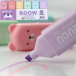 Juego de rotuladores fluorescentes con forma de oso, bolígrafos de colores Pastel Kawaii, Material de papelería, suministros escolares, 6 unidades