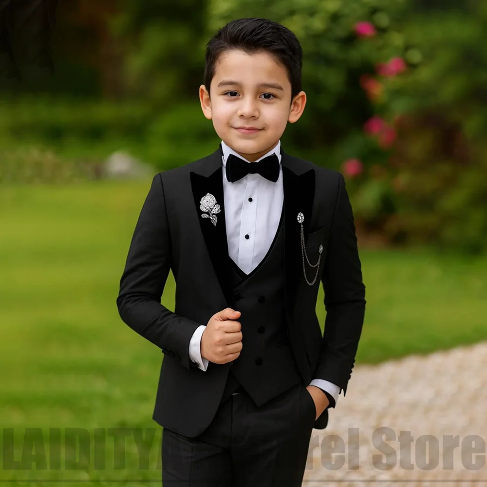 Kids Boys Formal Black Suit 3Pcs Tuxedo With Bow Tie Velvet Peak Lapel Blazer Vest Pants Outfit For Wedding Boy Birthday Party