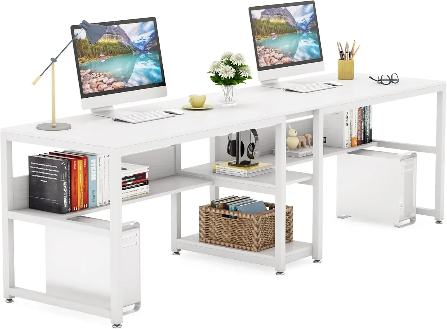 Two Person Desk with Bookshelf, 78.7 Computer Office Double Desk for Two Person, Rustic Writing Desk Workstation