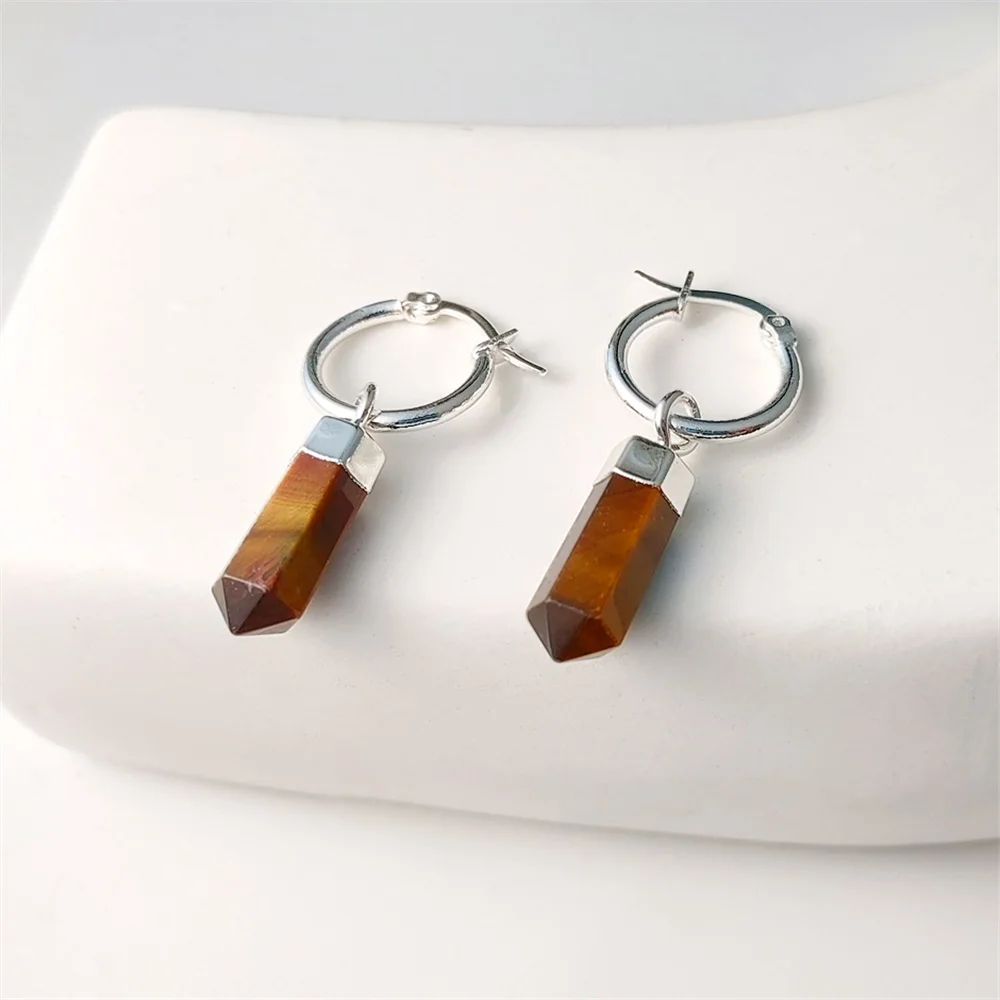 FUWO 1 Pair Natural Crystal Point Earrings,silver Plated Handmade Faceted Semi-precious Stone For Women Gift ER125Y