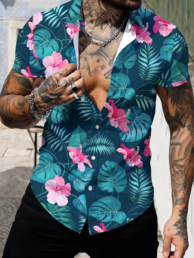 

2024 hot-selling summer men's shirts green plant 3D digital printing shirts refreshing fashionable shirts holiday style