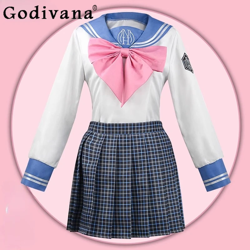 

Japanese Sweet Navy Collar Long Sleeve Fashion Cosplay Shirt Spring Autumn Girl Age-reducing Plaid High Waist Pleated Skirt Sets