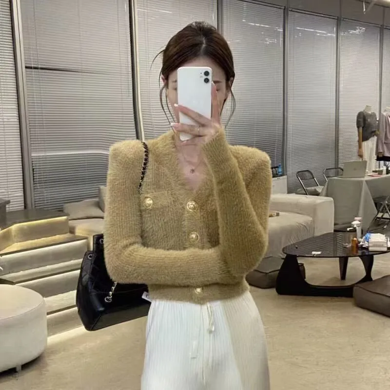 Fashion Mink Cashmere Cardigan Women Vintage Button Cropped Knitted Sweater Autumn New V-neck Solid Elegant Pink Cardigan