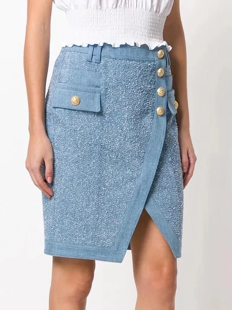 HIGH STREET Newest 2024 Designer Fashion Women's Lion Buttons Denim Skirt