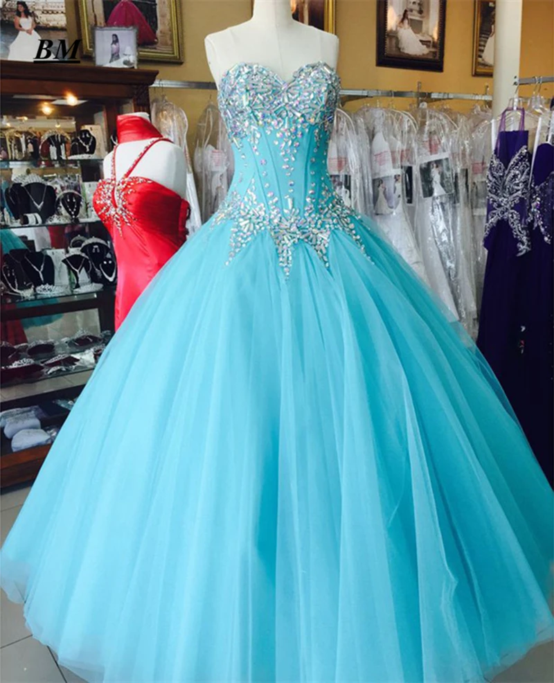 

Sweetheart Crystals Quinceanera Dresses Bling Tulle Ball Gown Vestidos De 15 Anos Party Princess Dress Corset Floor Length Plus