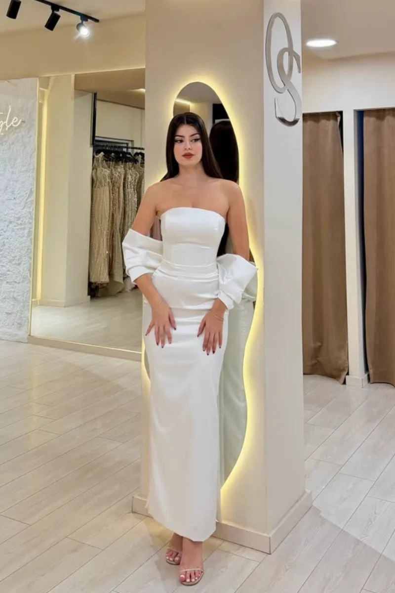 Jessica Exquisite White Evening Dresses Imitation Silk Satin Prom Dresses Slim Fit Sexy Off-shoulder Lady Party Dresses