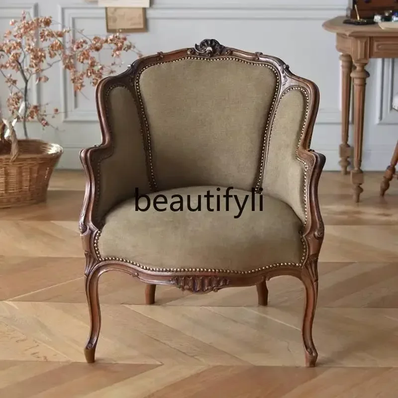 D32 French solid wood antique single high-end villa size living room bedroom leisure sofa chair