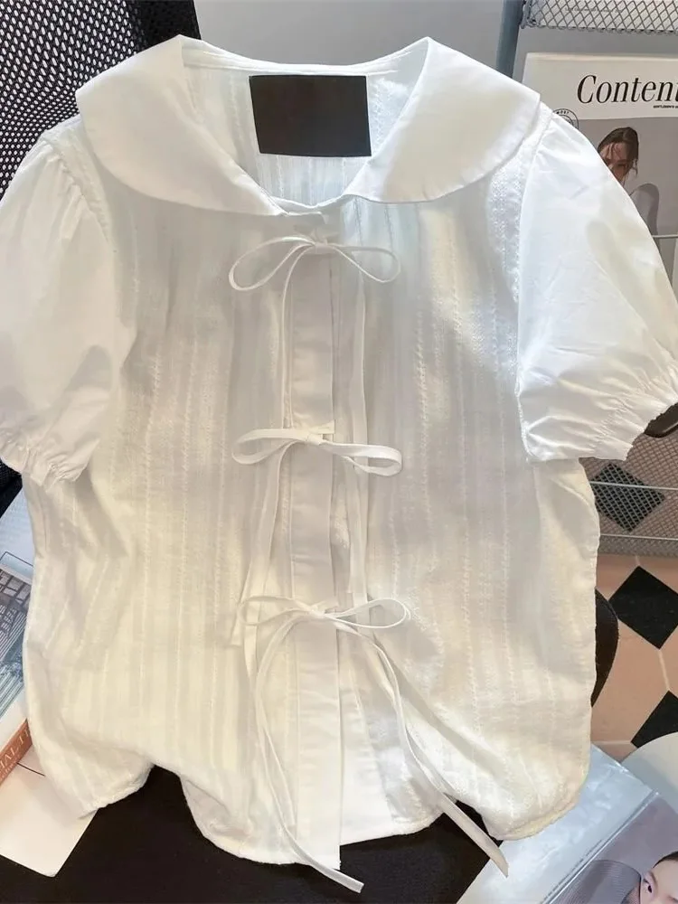 Jmprs-Camiseta blanca con lazo y cordones para mujer, blusa informal sencilla con mangas abullonadas, blusa dulce Vintage francesa con cuello Peter Pan, Tops para mujer
