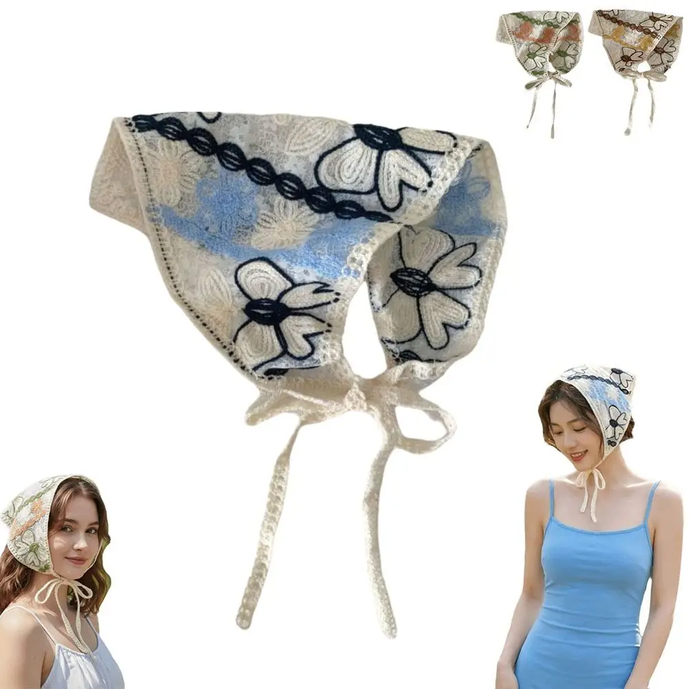 

Милый ажурный платок с цветочным узором, вязаный треугольный шарф для волос