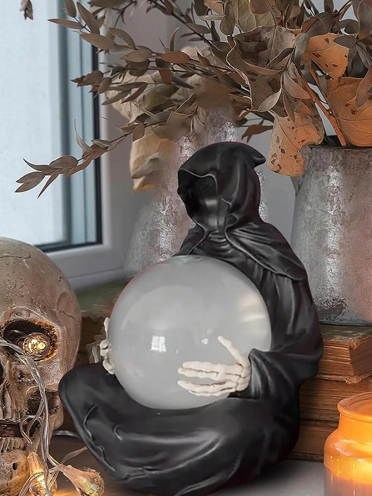 LED Halloween Decoration Crystal Ball USB Charging Grim Reaper Water Globe Resin Spooky Sculpture Ornament for Desktop Decor