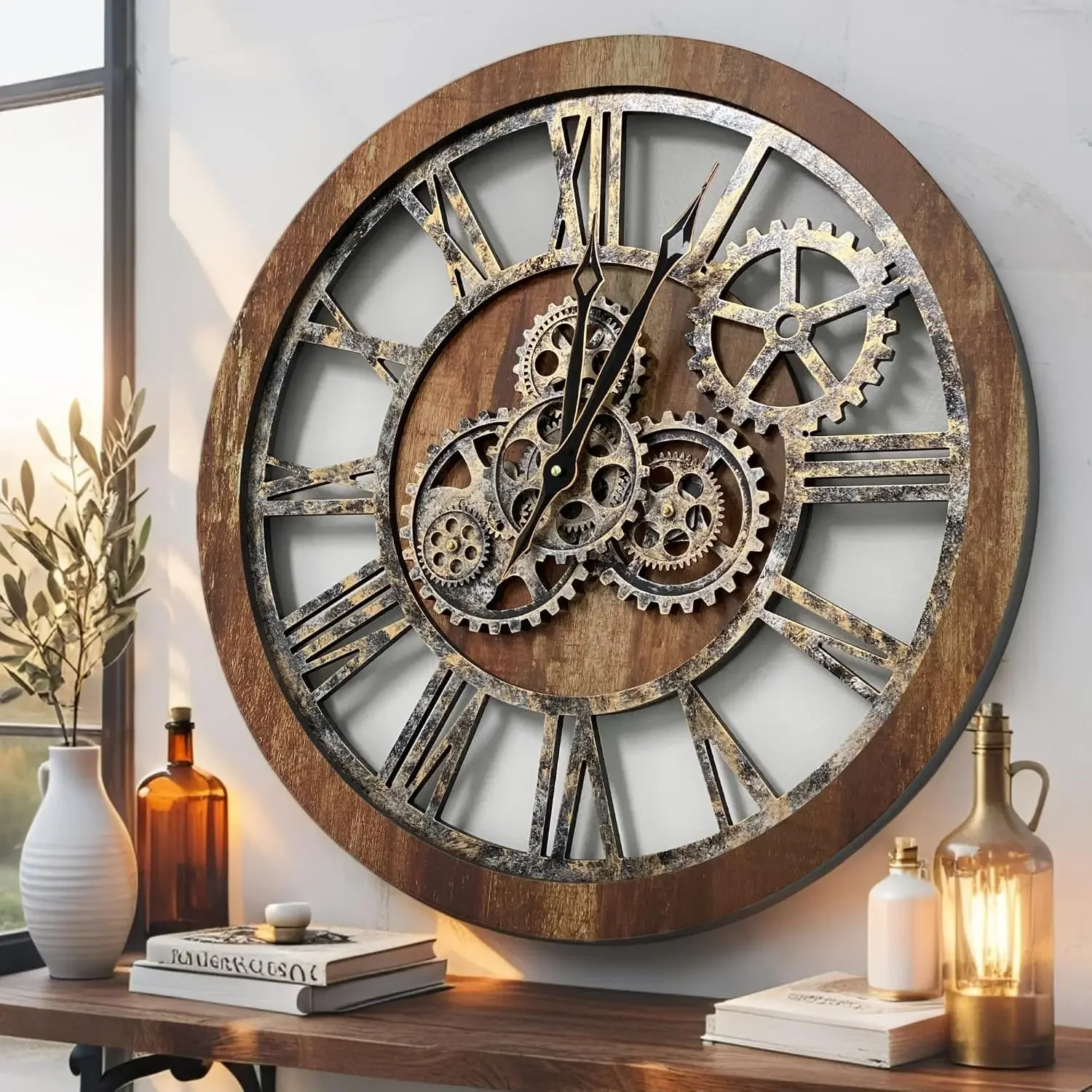 The Gears Clock The Original Real Moving Gear Wall Clock Vintage Industrial Oversized Rustic Farmhouse (24 inch (60cm), Vintage