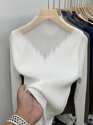 Jersey de punto con costuras de malla para mujer, Jersey grueso de cuello alto, camisa de fondo, moda de otoño e invierno, 2022