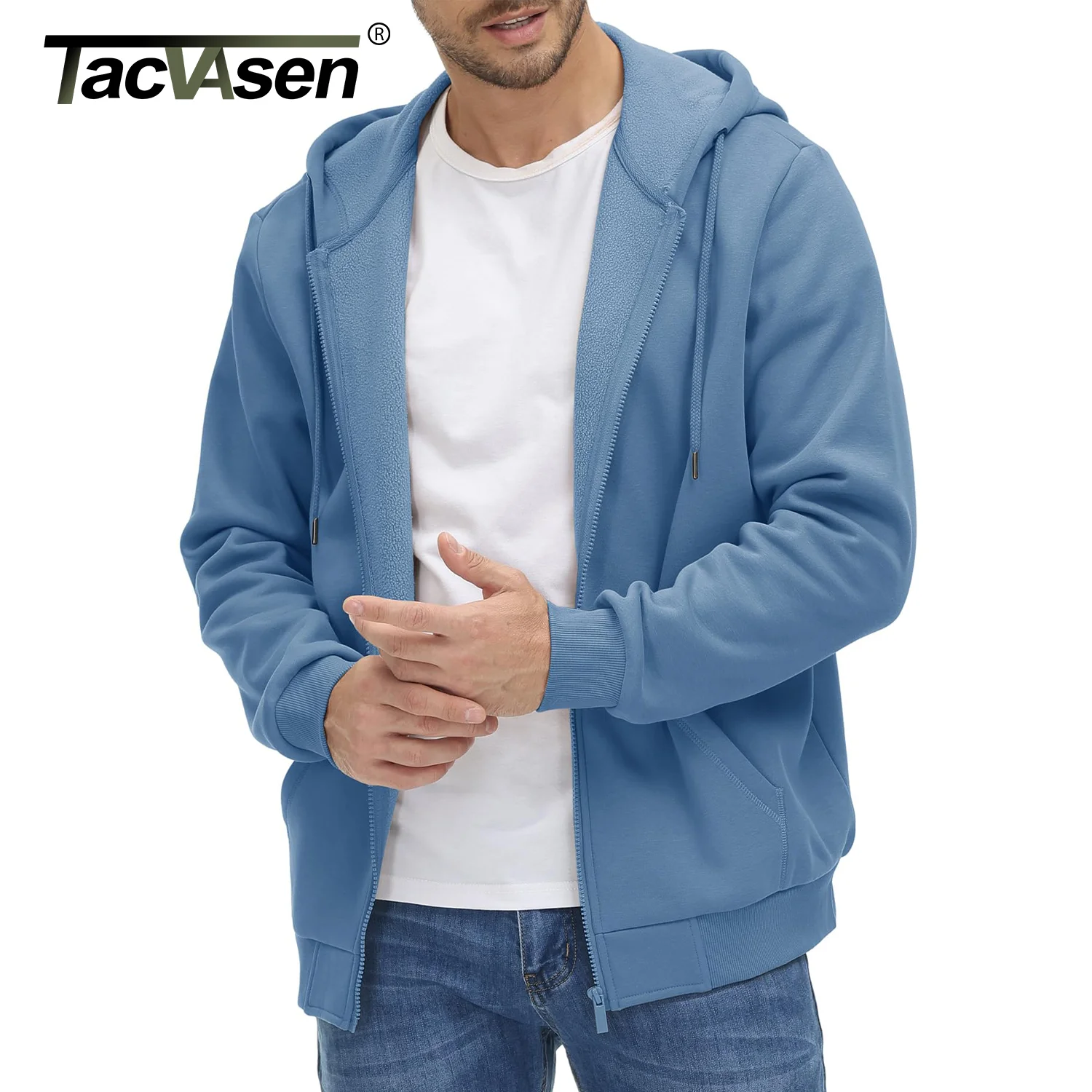 TACVASEN Big Pockets Fleece Lining Hoodies Mens Hooded Coats Full Zip Up Casual Hoodie Jackets Athlete Running Hiking Sportswear