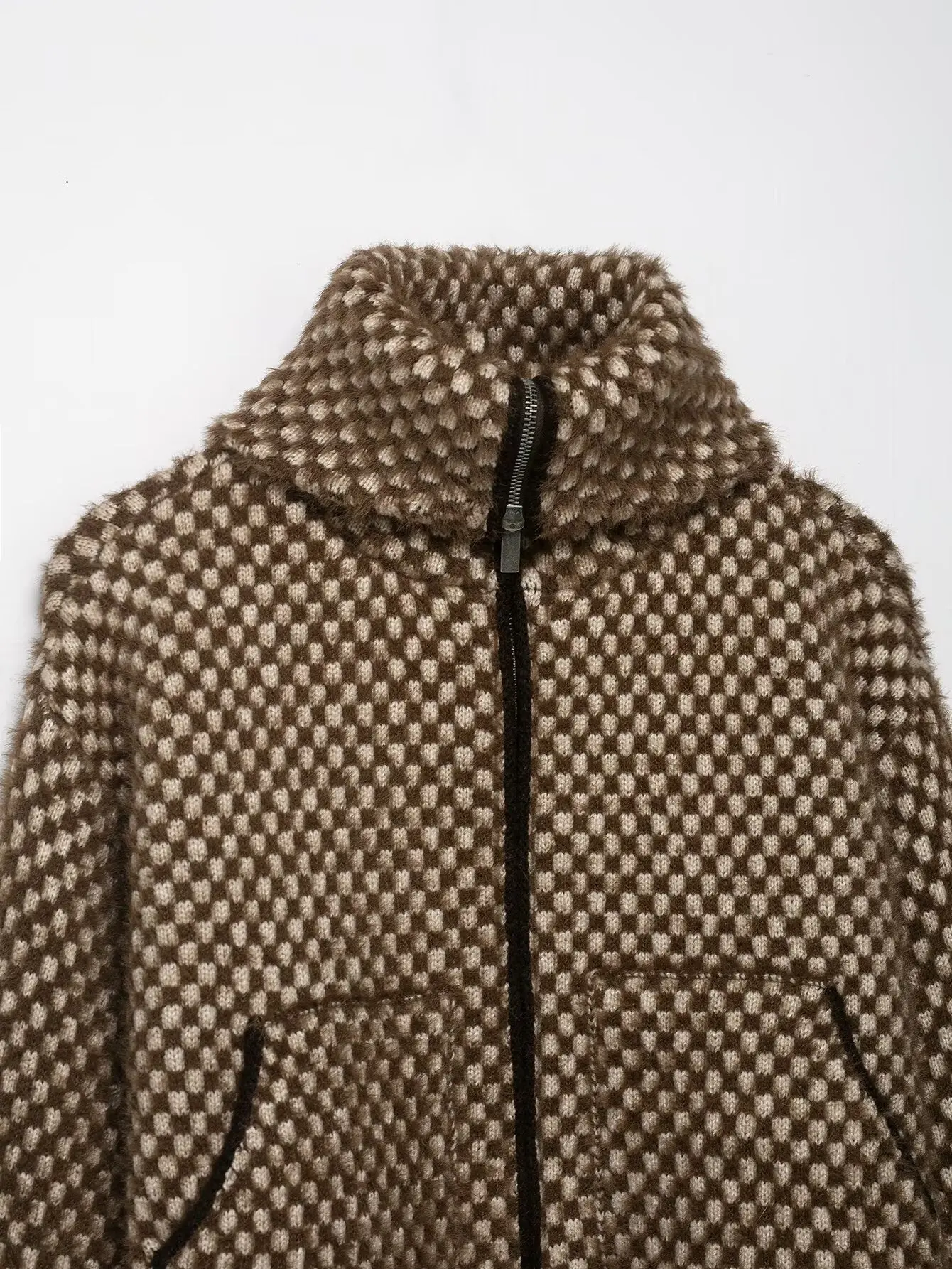 여성용 천조각 무늬 숏 재킷 여성용 하이 칼라 인조 퍼 효과 지퍼 재킷 여성용 긴 소매 코트