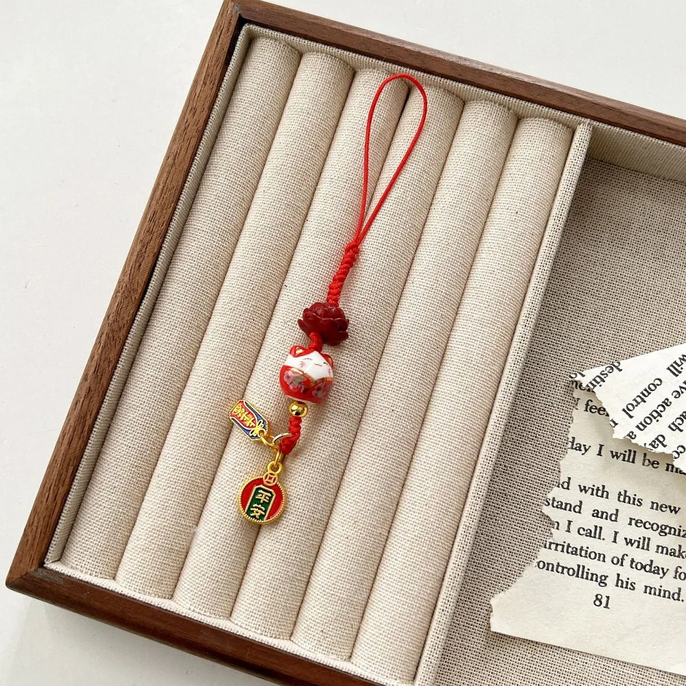 Cartoon Maneki Neko Key Chain Ceramic Ornament Lucky Cat Phone Charm Phone Lanyard Fortune Lucky Cat Phone Strap Phone Accessory