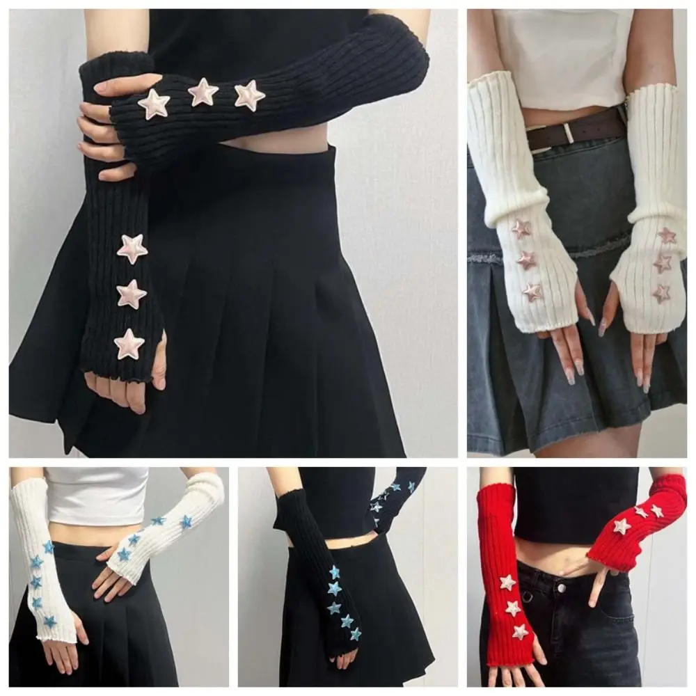 Elastic Knitted Fingerless Sleeves Long Solid Color Y2K Star Arm Cover Breathable Acrylic Fibers Warmer Long Cuff Outdoor