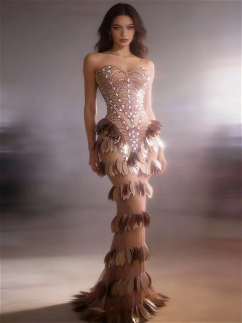 

2026 Brown Acrylic Feathers Shining Diamond Sexy See-through Strapless Long Dress Woman Birthday Party Dress Performance Costume