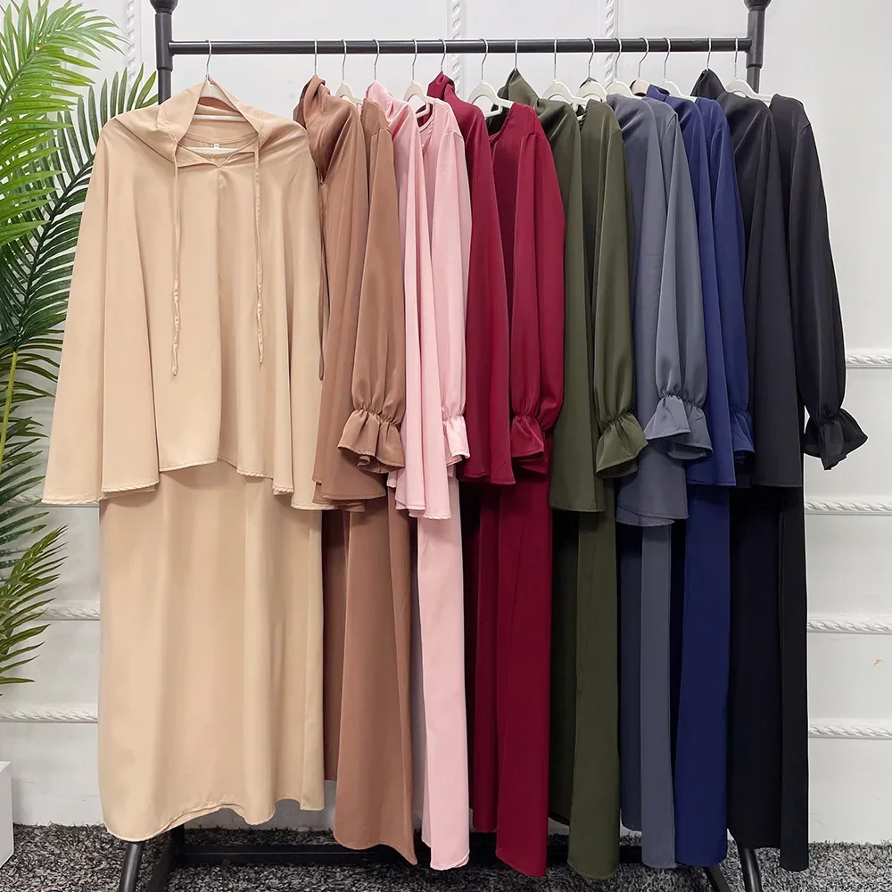 Imagem -06 - Ramadan Eid com Capuz Abaya Jilbab Peça Conjunto Islâmico Muçulmano Roupas de Oração Feminino Longo Hijab Khimar Vestido Conjunto Dubai Outfit Burka