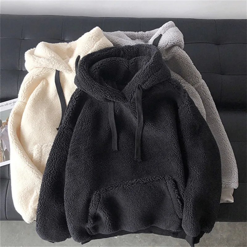 Y2k Lambswool Women Winter Hoodie Solid Color Hooded Long Sleeves Patch Pocket Warm Plush Pullover Casual Autumn Hoodies Худи