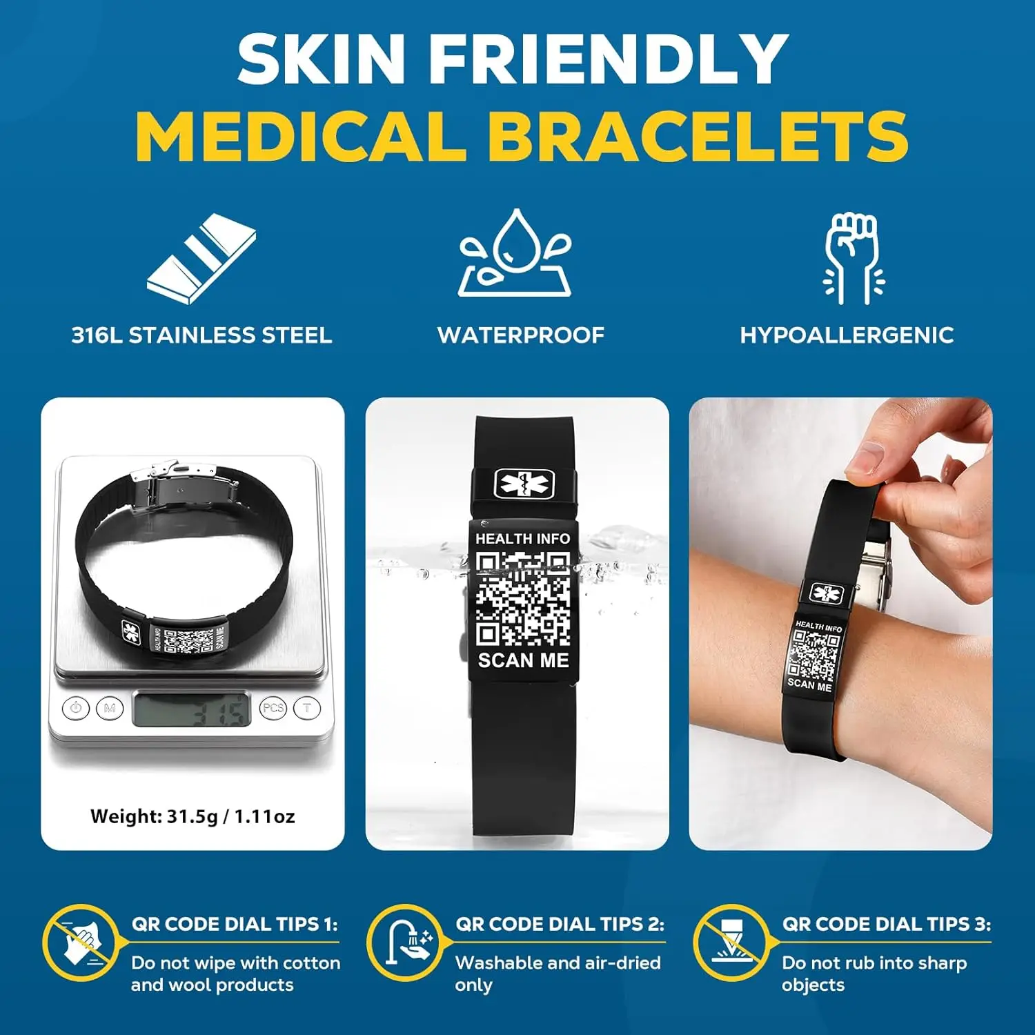QR Code Medical Alert ID Bracelets Sports Travel Emergency Medical Care Silicone Adjustable Bracelet Waterproof Wristband