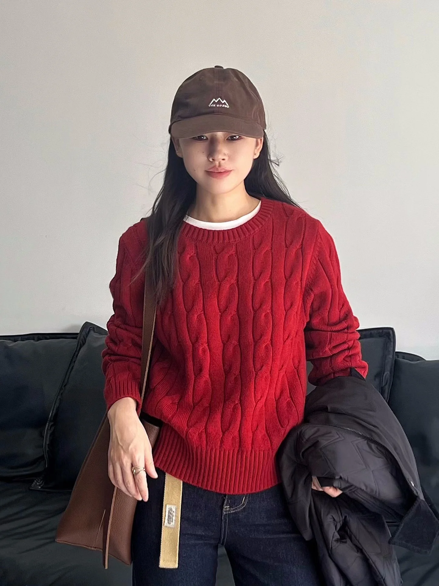 

Red Twist Knit Sweater Women's Loose round Ne Pullover Autumn Winter New Sle Versatile MAY MUZIYA Comfortable Warmth