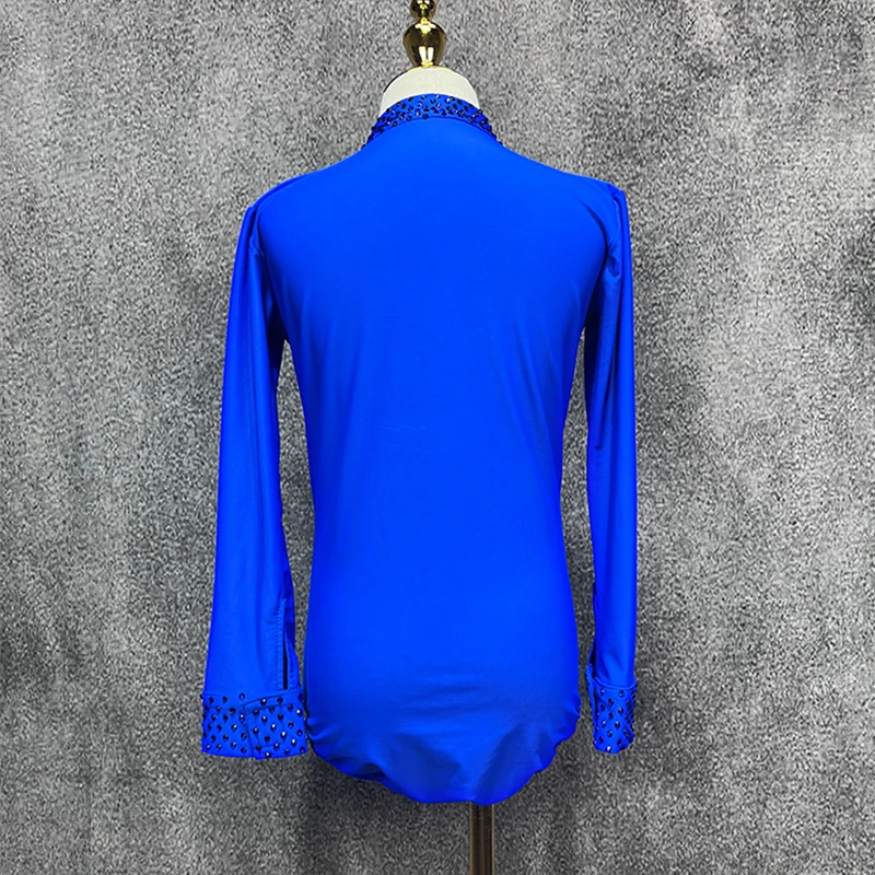 Neue Kinder Jungen Latin Dance Wettbewerb Kleidung blaue Tops Strass lange Ärmel Bodysuit Cha Cha Rumba Samba Tanz tragen dnv21008