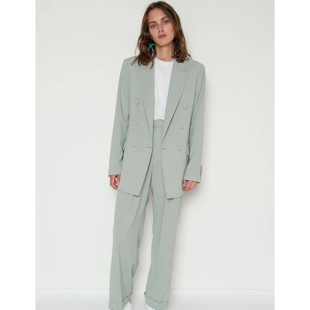 Simple Light Mint Green Women's Double-Breasted Blazer&Pants 2 Piece Set Peak Lapel Loose Fit Office Casual Female Outfits