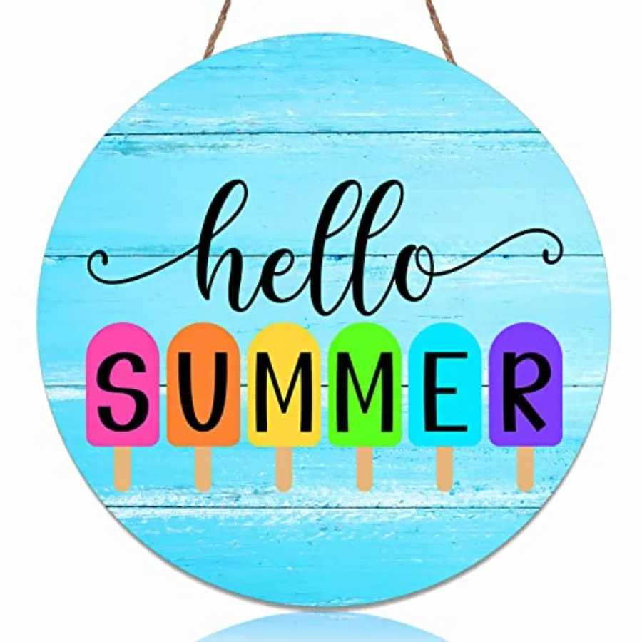 Hello Summer Door Sign Ice Lolly Summer Door Hanger Wooden Front Door Decor Beach Hanging for Farmhouse Home Porch Garden Yard