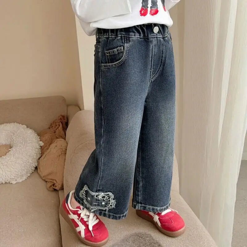 

Джинсы Sanrio Hello Kitty, прямые брюки для девочек, детская весенне-осенняя универсальная свободная кавайная модная новая повседневная одежда с героями мультфильмов