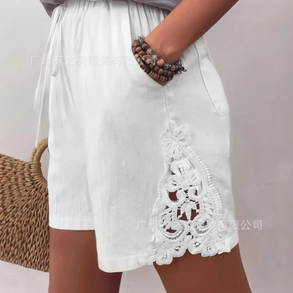 Women White Linen Shorts Lace Embroidery Hollow Jacquard Patchwork Summer Casual Soft Breathable Flattering Comfy Versatile New