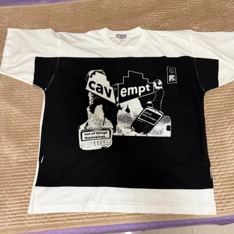 Black White Contrast CAVEMPT Tshirt Abstract Portrait Graffiti Mobile Phone Print Cotton Men Women Streetwear Loose Short Sleeve