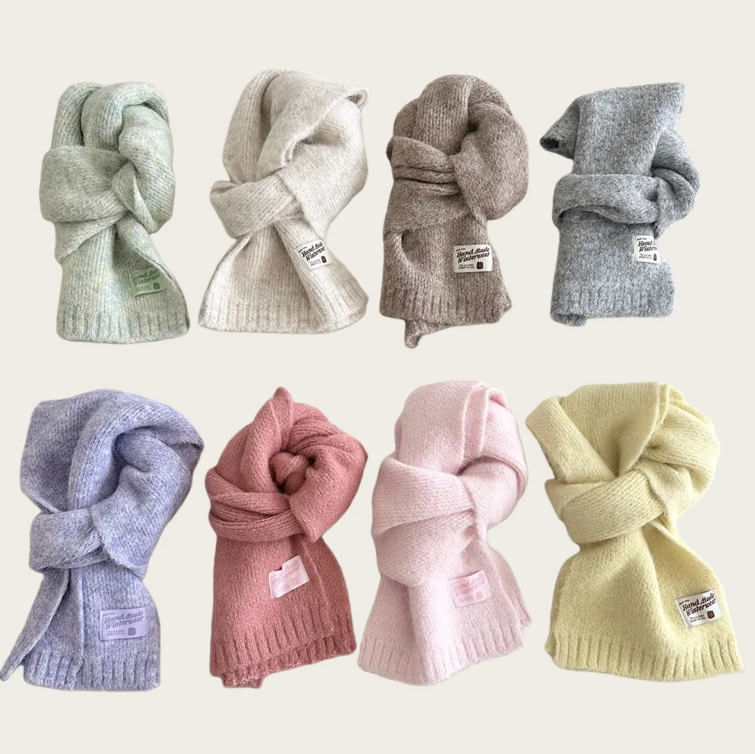

Kids Knitted Scarf 2025 New Winter Warm Solid Color Boys Children Neck Warmer Cute Label Decor Skin-Friendly Baby Girls' Scarf