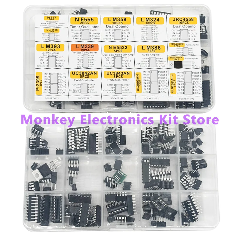 150pcs DIP Integrated Circuit Chip IC Boxed Chip Assortment Amplifier LM358 JRC4558 LM393 LM339 TDA2030A PT2 PC817 ICL7660 NE555
