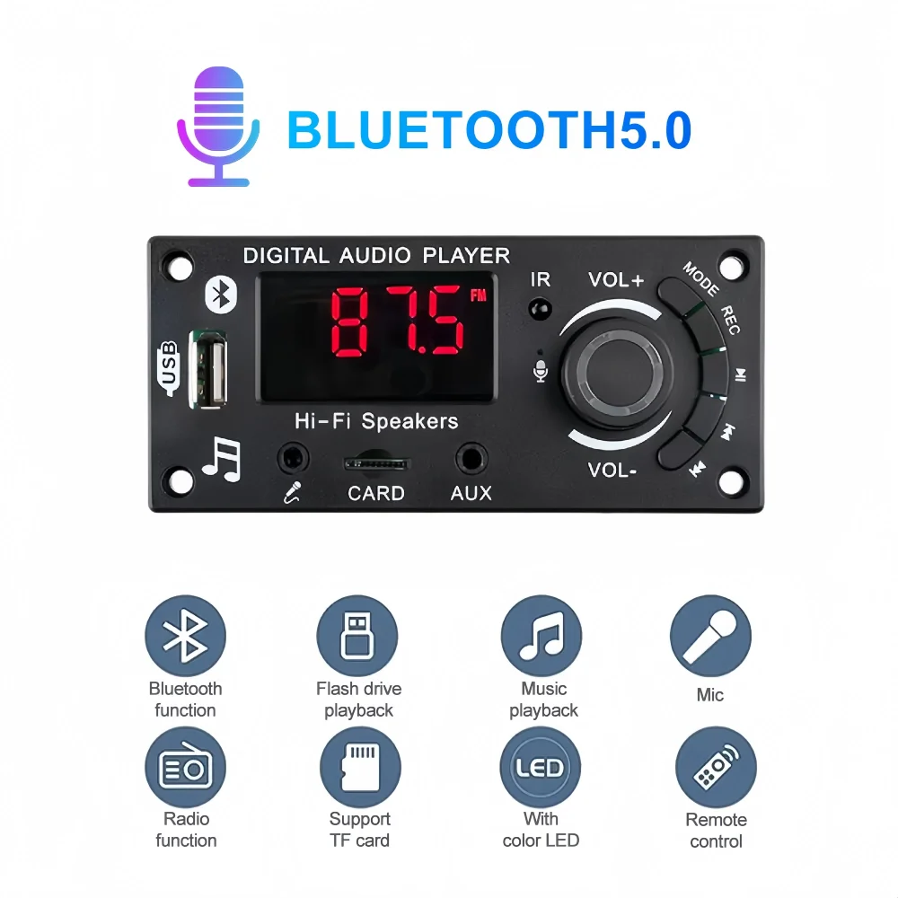 Bluetooth 5.0 MP3 Decoder Board 2*50W 100W Amplifier Audio Player 12V DIY MP3 Player Car FM Radio Module TF USB Mic Record Call