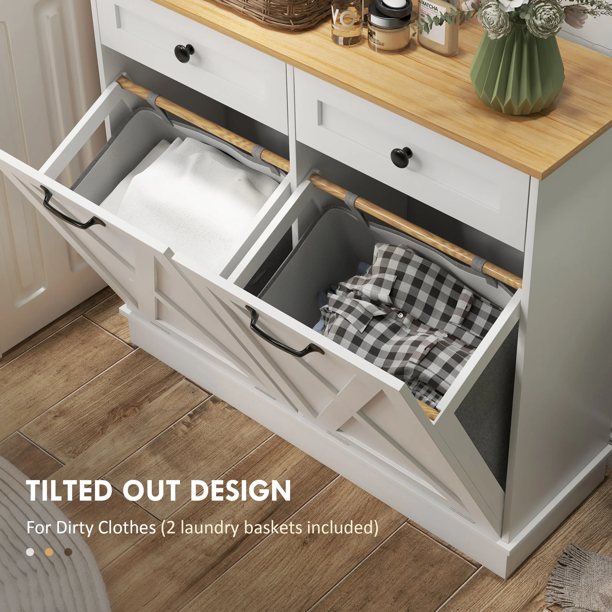 Tilt Out Laundry Hamper Cabinet with 2 Baskets and 2 Drawers, White