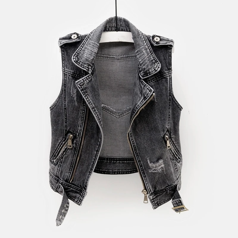 

Cowboy Waistcoat for Women Gray Hole Denim Women Vest Female Spring Autumn Sleeveless Tops Short Jacket Girls Ripped 5XL