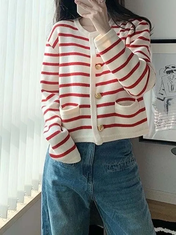 

Gold Button Striped ort Knitted Cardigan Women's Sle Autumn Sweater Street Faion Straight Tube Long Sve round Ne