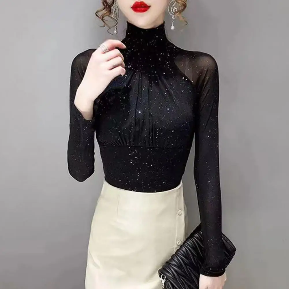 Top ajustado para mujer, Top elegante francés plisado con cuello alto, Top ajustado para mujer en negro, mangas largas elásticas suaves para mujer