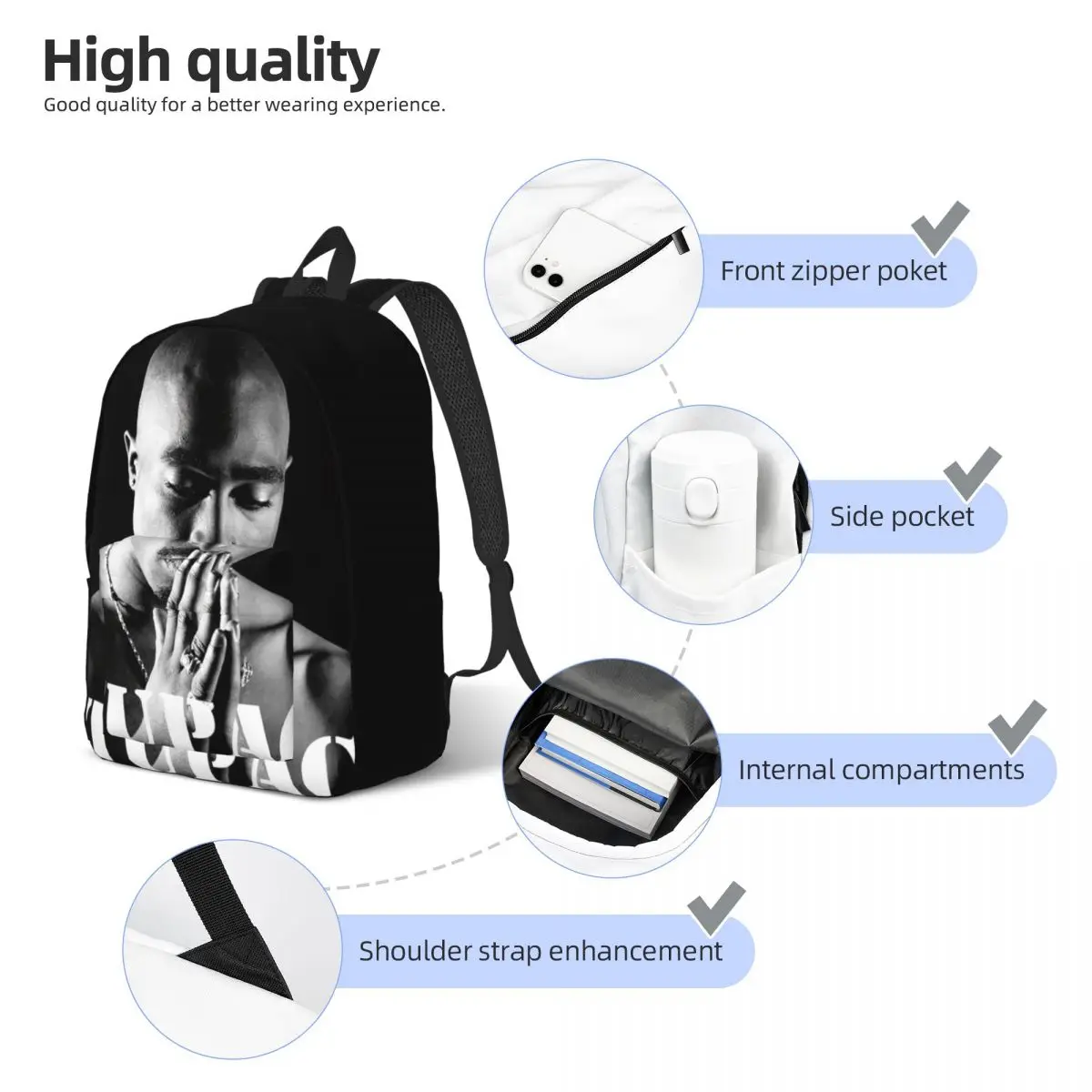 Mochila Tupac para homens e mulheres, bolsa de ombro para computador com bolso, estudante adolescente, mochila empresarial, rapper musical, laptop, 2PAC