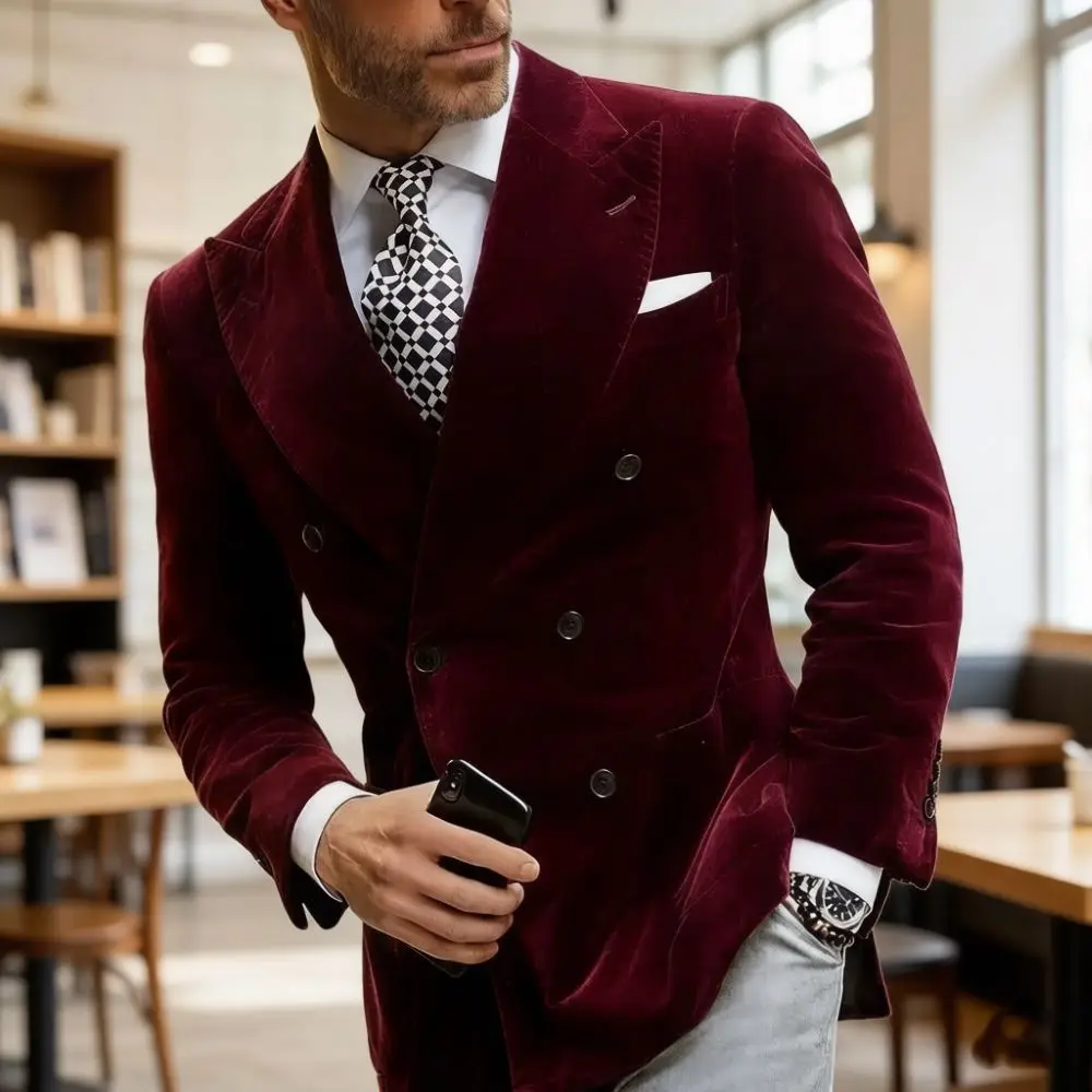 Burgundy Velvet Blazer For Men With Double Breasted Dinner Jacket Elegant Smoking Suit Coat