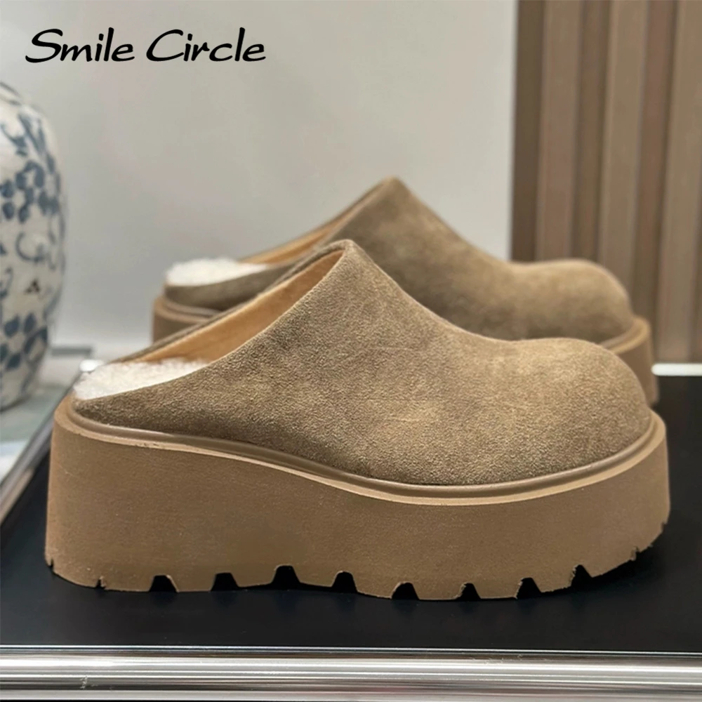 Smile Circle Women Chunky Slippers Winter Suede leather Round-toe Fashion Fur Warm Casual Shoes