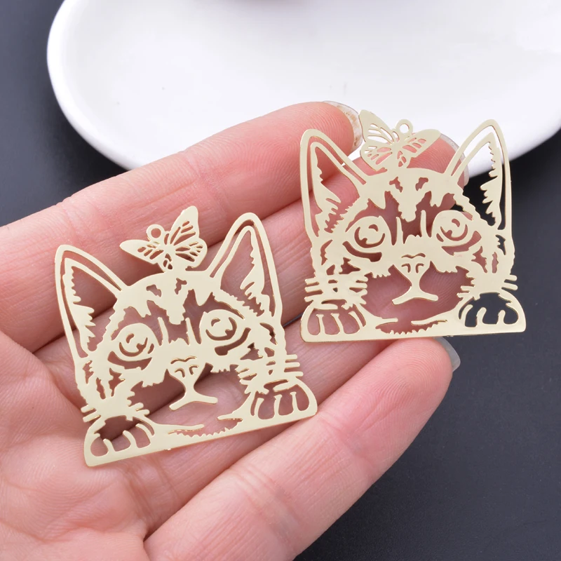 10 Stück Messing Edelstahl Lasergeschnittene Katzen-Anhänger Niedliche Tiere Schwarz Gold Farbe Katzen-Anhänger DIY Schmuck Großhandel Zubehör – Detail 5