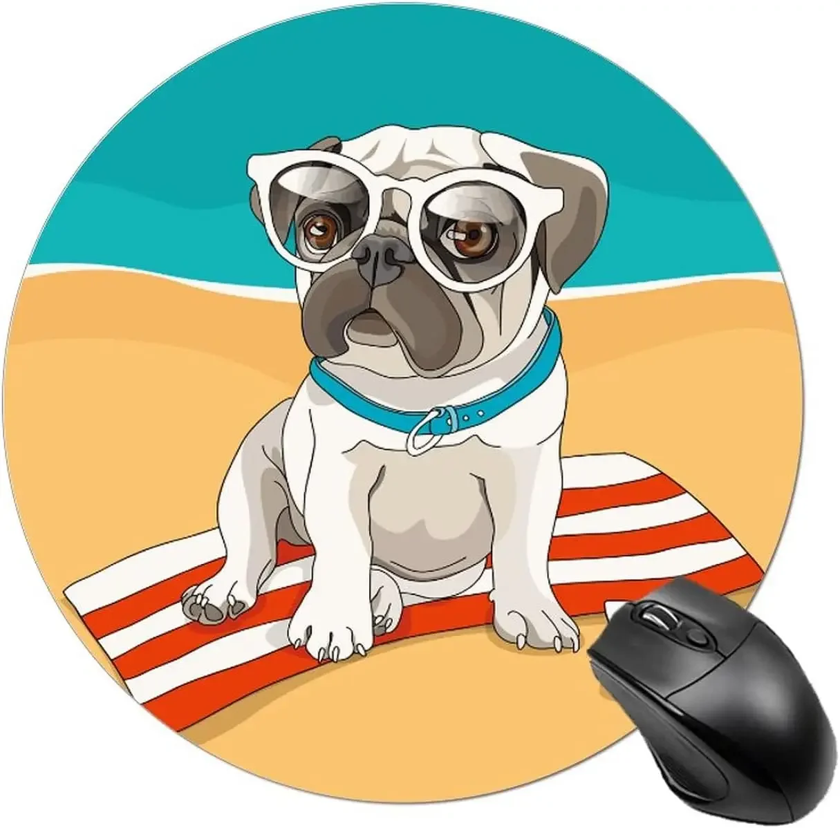 

Коврик для мыши Puppy Pug on Beach с нескользящей резиновой основой, милый круглый коврик для мыши для ноутбука, компьютера, офисного стола, аксессуары 7,8x7,8 дюйма