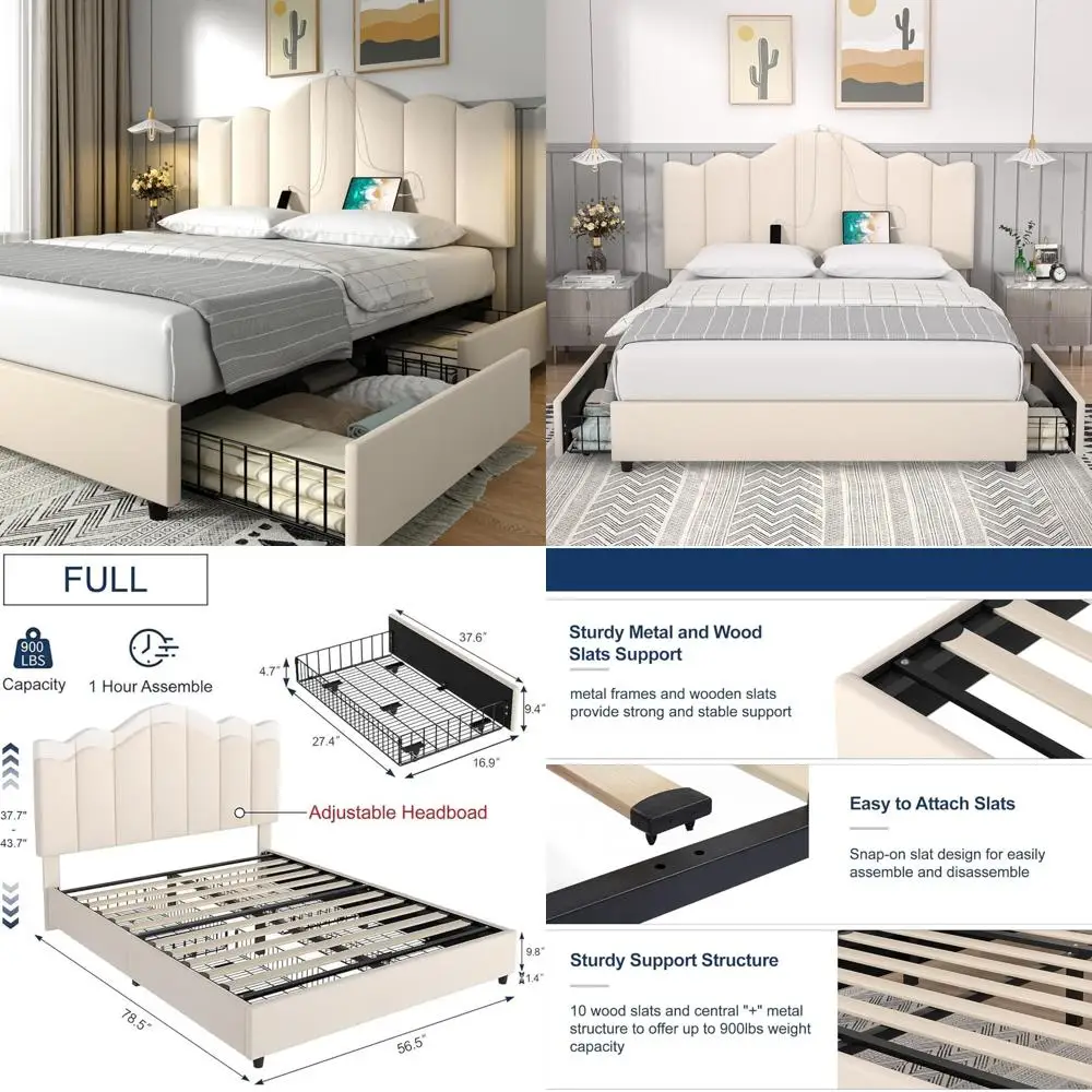 

Full Size Platform Bed Frame with USB Charging Ports and Storage Drawers, Upholstered Adjustable Headboard