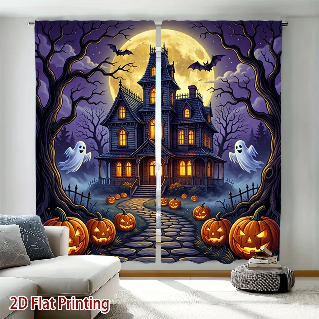 Halloween Curtain Panels, Haunted House Pumpkin Ghost Bat Full Moon Print Drapes for Holiday‑Theme Living Room Home Decor