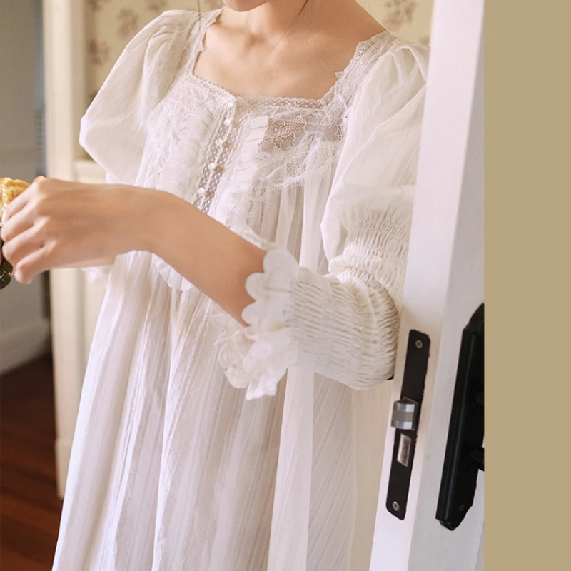 Vintage Spring Summer Pure Cotton Nightgown Women Lace Square Collar Long Nightdress Romantic Princess Cute White Blue Sleepwear